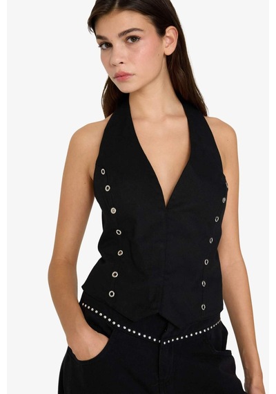 Defacto Halter Yaka Kuşgözü Detaylı Gabardin Yelek G2453ax25aubk81 Siyah-bk81