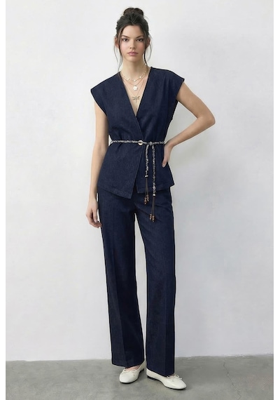 Shade Kadın Kruvaze Yaka Saten Kuşaklı Yelek Bol Pantolon Alt-üst Denim Takım 9415 60286044 - Lacivert
