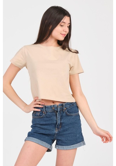 As Collection Bej Bisiklet Yaka Kısa Kol Örme Kadın Crop 001