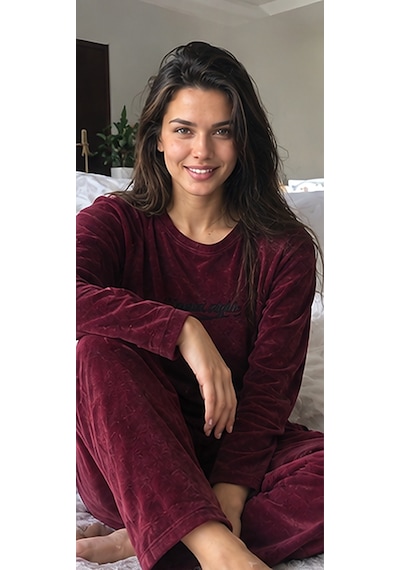 Mihra Mıhra Kadife Mürdüm Sweet Night Kadın Pijama Takımı Bordo