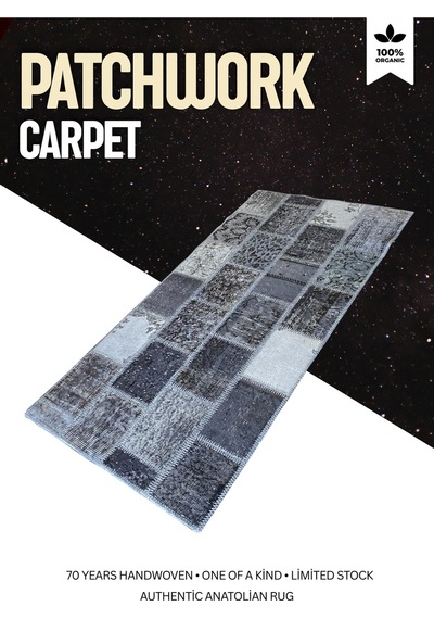 Modern Bohem Stil Vintage Halı Özel Tasarım Patchwork Koleksiyonu Gri