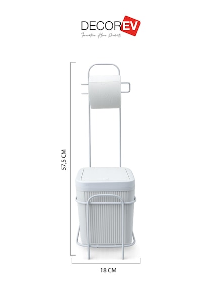 Decorev Metal Standlı Click Kapaklı Banyo Kovası & Tuvalet Kağıtlıklı Banyo Seti Beyaz