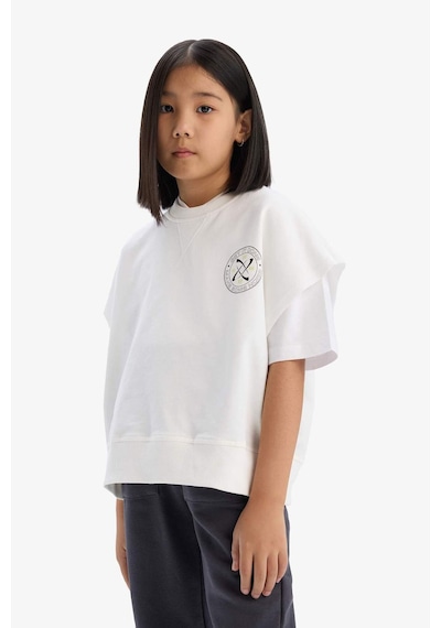 DeFacto Kız Çocuk Oversize Geniş Kalıp Bisiklet Yaka Kısa Kollu Baskılı Sweatshirt E1879A825SMER85 Ekru