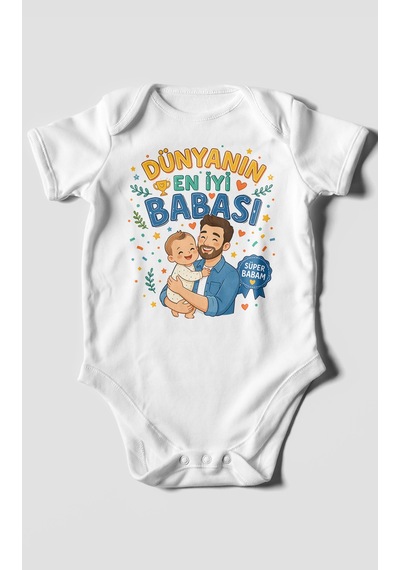 Morivokids Dünyanın En İyi Babası Kısa Kollu Bebek Body %100 Pamuk Beyaz