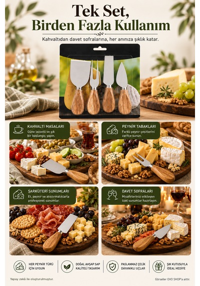 Bambu Peynir Bıçağı 4'lü Set Kahverengi