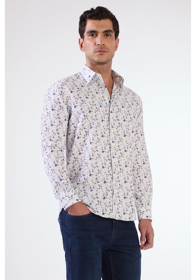Dufy Mavi Erkek Slim Fit Çiçek Desenli Brent Yaka Uzun Kol Gömlek - 104790 Mavi
