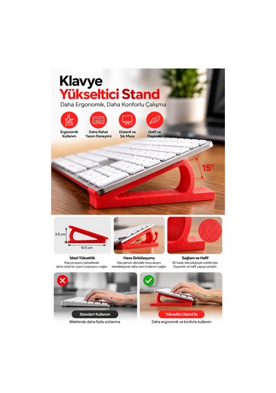 Ergonomik Klavye Yükseltici Stand - 15 Açılı 3d Baskı Masaüstü Klavye Tutucu