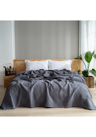 Waffle Desenli Pike Yatak Örtüsü Koyu Gri, Tek Kişilik Pike 160x230 Cm, 100% Pamuk, Hafif 4 Mevsim Kullanım Açık Indigo