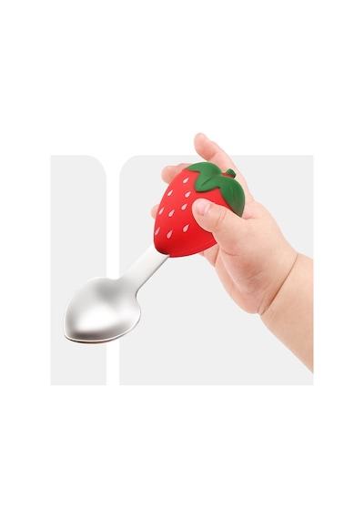 Jojobebek Vakumlu Silikon Mama Tabağı, Silikon Saplı Çelik Uçlu Çatal ve Kaşık ( Çilek Figürlü )