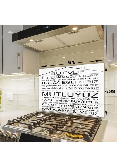 Decorita Cam Ocak Arkası Koruyucu |Bu Ev-Beyaz Fon| 49,5cm x 76cm