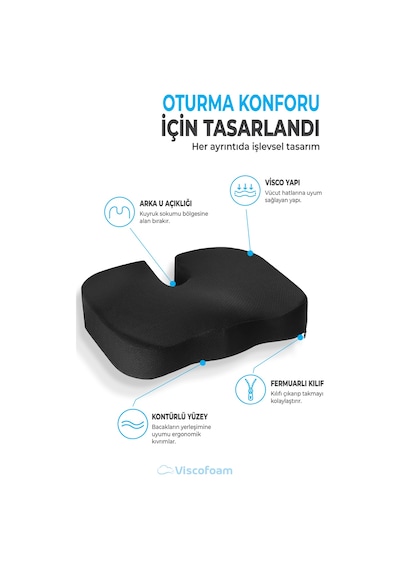 Viscofoam Ortopedik Oturma Minderi Hemeroid Kuyruk Sokumu Coccyx Oturma Minderi Visco Minder Siyah