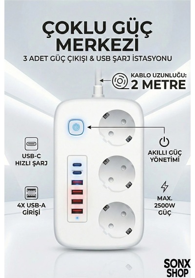 2500w Çoklu Priz 2 Metre 3 Lü Ac Priz +5 Usb Çıkışı Akım Korumalı Alev Almayan Gövde, 0 - 2 M