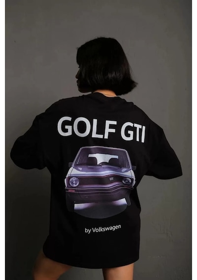 Twingold Kadın Oversize Baskılı Tişört Golf Gtı Retro Araba Desenli, Ön & Arka Dijital Baskı, Sokak Modası SIYAH