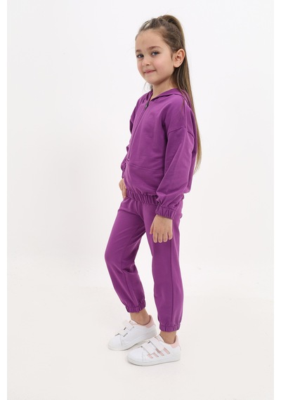 Toontoy Kids Kız Çocuk 2'li Takım Kapüşonlu Fermuarlı Sweatshirt & Beli Paçası Lastikli Jogger Eşofman Altı - 2 İplik Mor