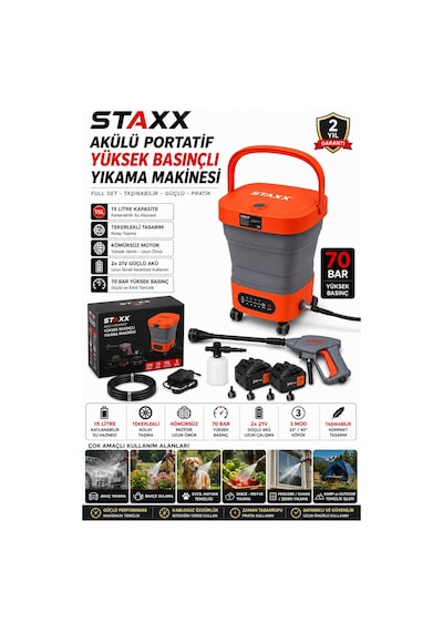 Staxx St70hr Bl Motor X2 Akülü Yüksek Basınçlı Oto Araç Bahçe Yıkama Akülü İlaçlama Tabancası Kovalı