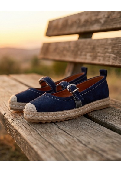 Futsishoes Coral Lacivert Hakiki Deri Toka Detaylı Kadın Espadril Ayakkabı