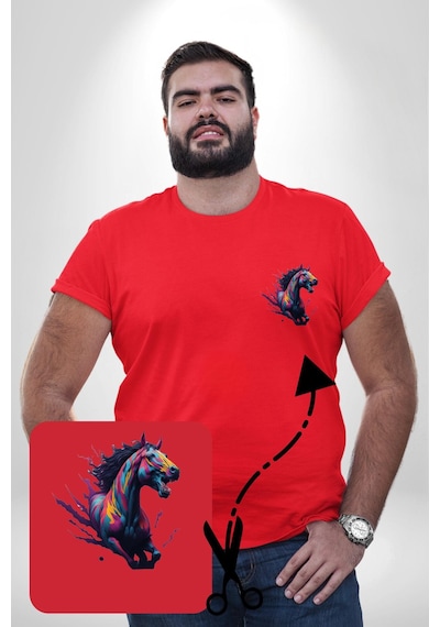 Angemiel Renkli At Koşu Kırmızı Büyük Beden Kadın Basic Minimal Baskılı Tişört Kırmızı
