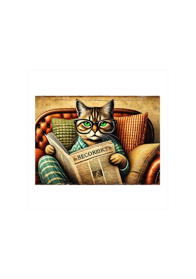 Gazete Okuyan Kedi Art Mdf Poster