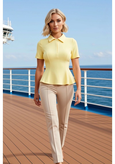 Benerly Kadın Bluz Peplum Polo Yaka Kısa Kol İnterlok Örme Düz Desen Yarı Sarı