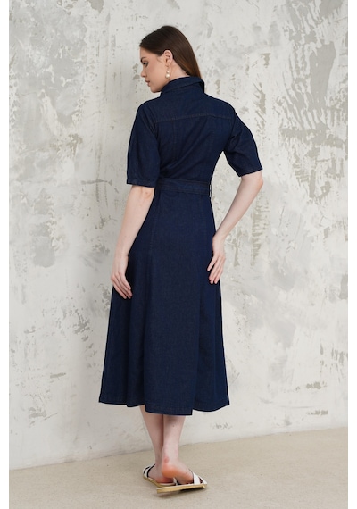 Livanomi Kemerli Denim Elbise Mavi