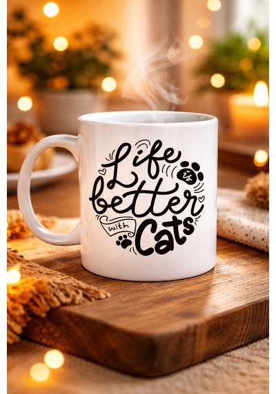 Hemengo Life İs Better With Cats Kedi Severlere Özel Porselen Kupa Model 59 Sevimli Tasarım Hediyelik Kahve Kupas Diğer