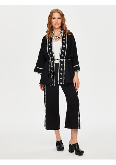 Faik Sönmez Resort Palmiye Baskılı Müslin Kimono S25kmn006 Us25kmn00610 Siyah