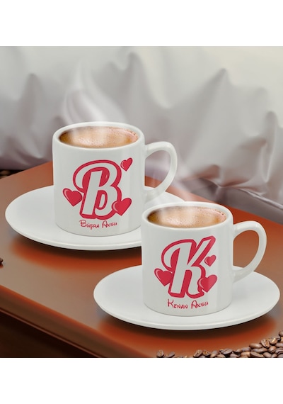 Bk Gift Kişiye Özel Kalpli Harf Tasarımlı İkili Türk Kahvesi Fincanı Kobitmeyencom33503 Bk Gift Renkli