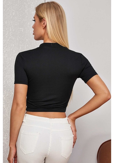 Kadın Siyah Yarım Fermuarlı Ve Kısa Kollu Crop Top Bluz
