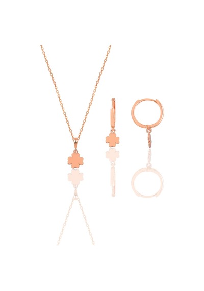 Gümüş Rose Üç Boyutlu Minimal Yonca Modeli Kolye Ve Küpe Seti Barcode Pembe Altın