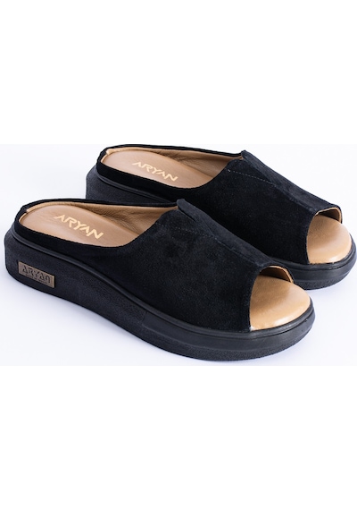 Polomia Comfort Aya Kadın Hakiki Deri Süet Cool Lastik Detay Comfort Hafif Esnek Taban Rahat Günlük Sandalet Terlik Siyah