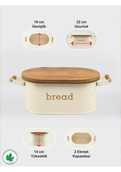 Ahşap Kapaklı Ahşap Kulplu Metal Ekmeklik Bread Baskılı - Krem Krem