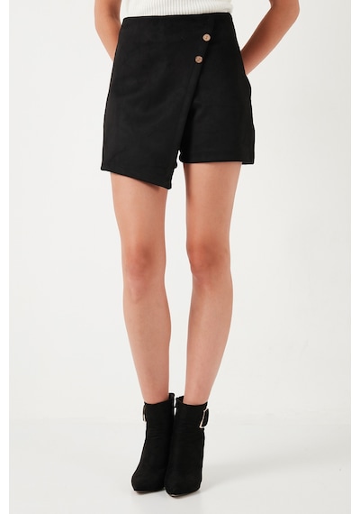 Lela Asimetrik Kışlık Scuba Süet Düğme Detaylı Slim Fit Bayan Şort Etek 5865968 Siyah