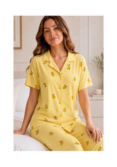 Leyna Sarı Limon Desenli Kısa Kollu Gömlek Yaka Milan Kumaş Kadın Pijama Takımı
