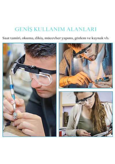 3 Lens 2 Led Işıklı Gözlük Tipi Büyüteç Usb Şarjlı Büyüteç 1.5x 4.5x Profesyonel Okuma Hobi İçin