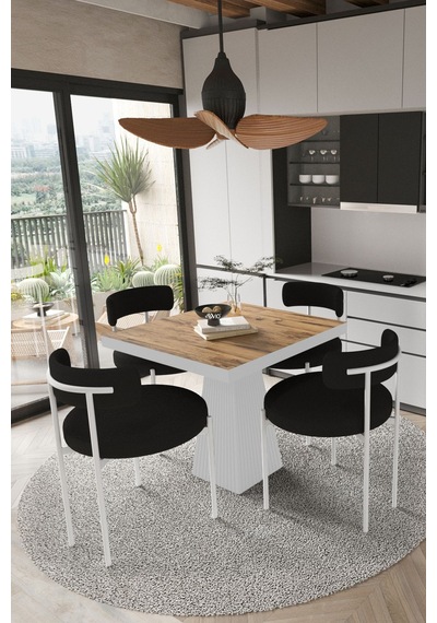 Avvio Milena Beyaz Lake Mdf Ayak 90x90 Yemek Masası Mutfak Masası 4 Kişilik Masa Takımı Teddy Sandalye Akça