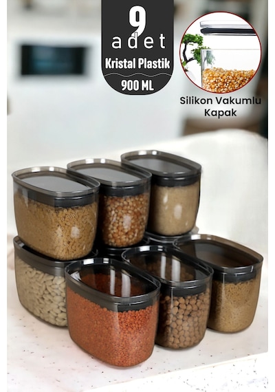 900 Ml Gerçek Vakumlu Silikon Kapaklı Kristal Erzak Bakliyat Saklama Kabı Seti Baharatlık 9 Antrasit