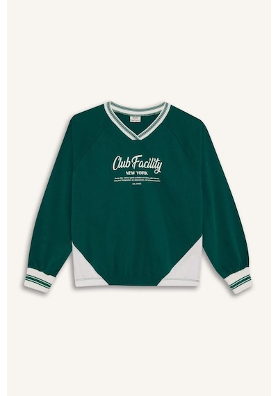 Defacto Kız Çocuk Oversize Geniş Kalıp V Yaka Baskılı Okul Sweatshirt F7583a825augn651 Yeşil