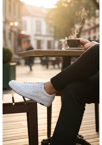 Enoch Erkek El Yazısı Nakış Detaylı Düz Tabanlı Günlük Casual Spor Ayakkabı Sneaker Beyaz
