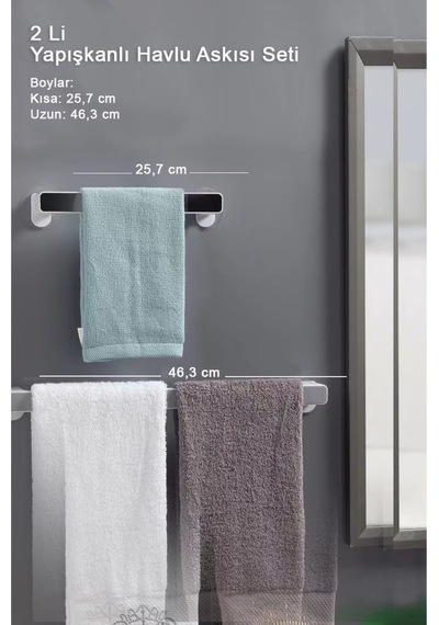 2li Kendinden Yapışkanlı, Dekoratif, Şık, Güçlü Havlu Askısı 25,7cm Ve 46,3cm Gri&beyaz Gri