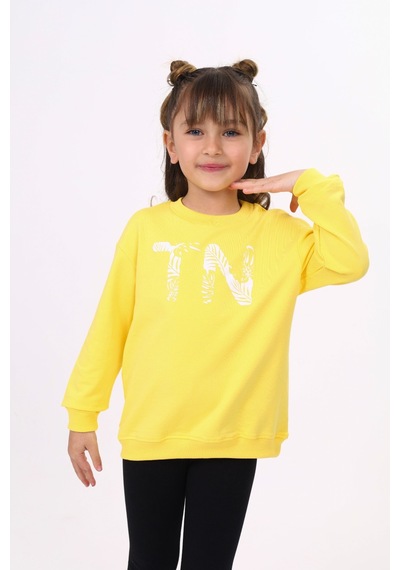 Toontoy Kız Çocuk Relax Fit Bisiklet Yaka Hafif Düşük Omuz Baskılı Sweatshirt - 2 İplik Sarı