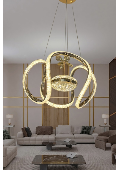 Dünya Eliza Simli Slikonlu Tek Toplu Modern Oturma Led Avizesi - Kumandasız / Gold Gold