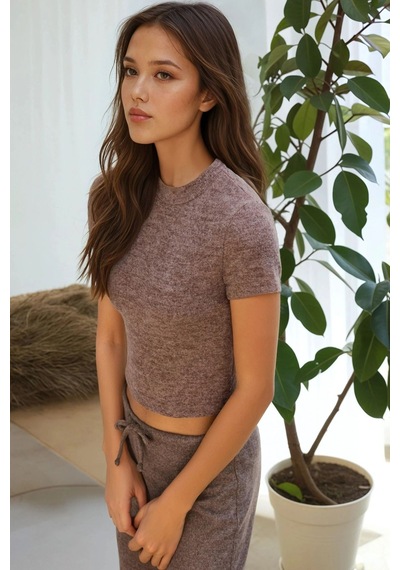 Hiccup Slim Fit Triko Crop Bluz Kestane Kahvesi