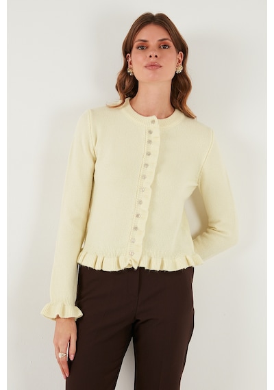 Lela Premium Pile Detaylı Regular Fit Yuvarlak Yaka Triko Bayan Hırka 680Hi00038 Sarı