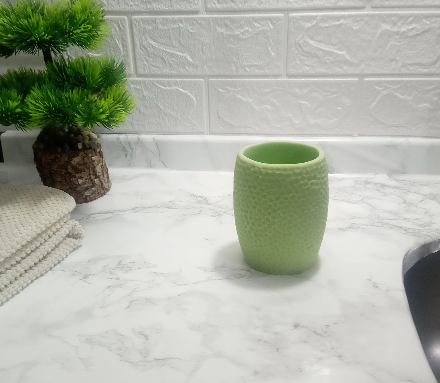 2 Adet Diş Fırçalık,macunluk Yeşil Petek Desenli Poliresin 8x8x10cm 400ml Banyo Seti Çok Renkli