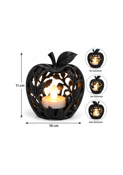 Elma Figürlü Dekoratif Mumluk Yaprak Desenli Tealight Mumluk, Dekoratif Led Mum Hediyeli - Siyah Açık