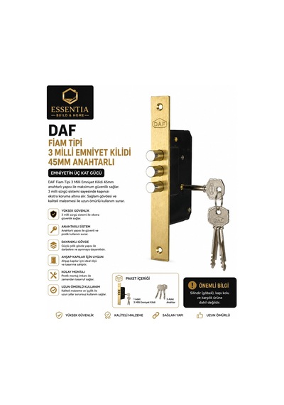 Daf Fiam Tipi 3 Milli Emniyet Kilidi 45 Mm Anahtarlı Ahşap Kapı Güvenlik Kilidi Çoklu Renk