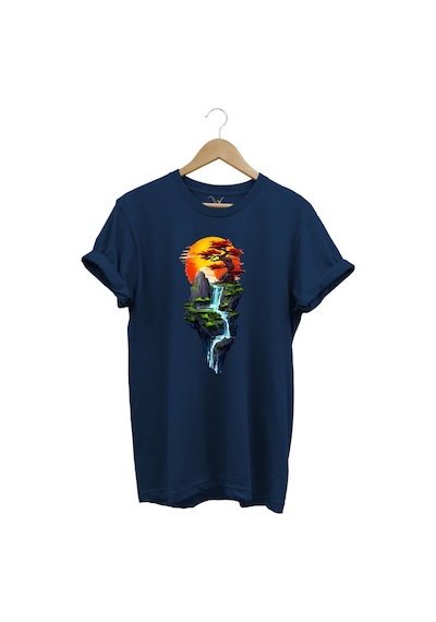 Manzara Ağaç Güneş Dağ Ve Nehir Baskılı %100 Pamuk Regular Fit Bisiklet Yaka Lacivert T-shirt Lacivert