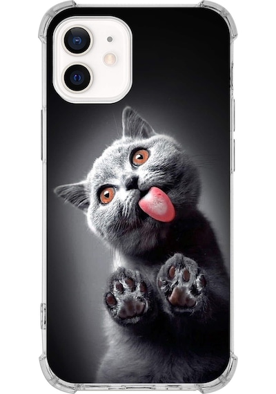 Apple Uyumlu iPhone 12 Kedi 2 Baskılı Şeffaf Köşe Korumalı Antişok Kılıf