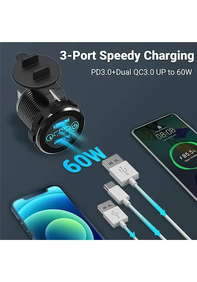 Se-2404 3port Usb Şarj Soketi Karavan Araç Tekne Şarj Cihazı