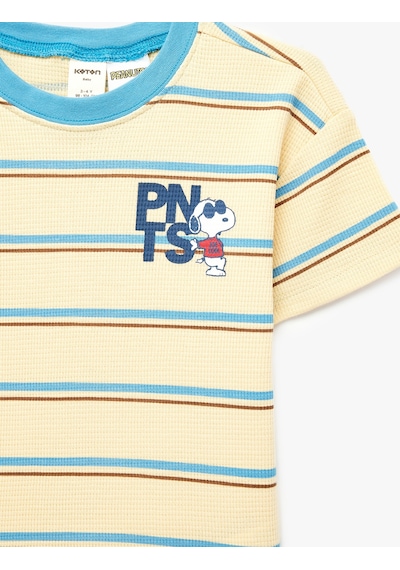 Koton Snoopy Baskılı Kısa Kollu Pamuklu Bisiklet Yaka Lisanslı Çizgili Tişört Sarı Çizgili 6smb10198tk